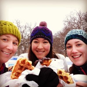 Members stop for a waffle on the trail at the Loppet Foundation's Waffle Loppet.